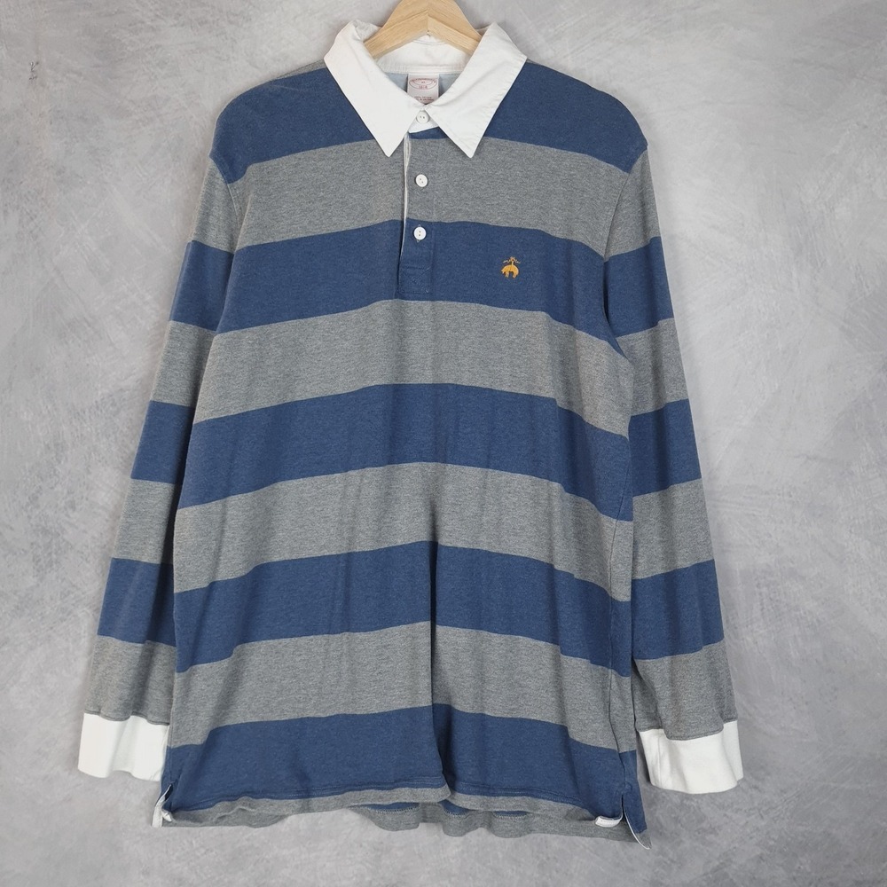Brooks Brothers Rugby Polo Shirt Mens XL Blue Gray Stripe Long Sleeve Preppy